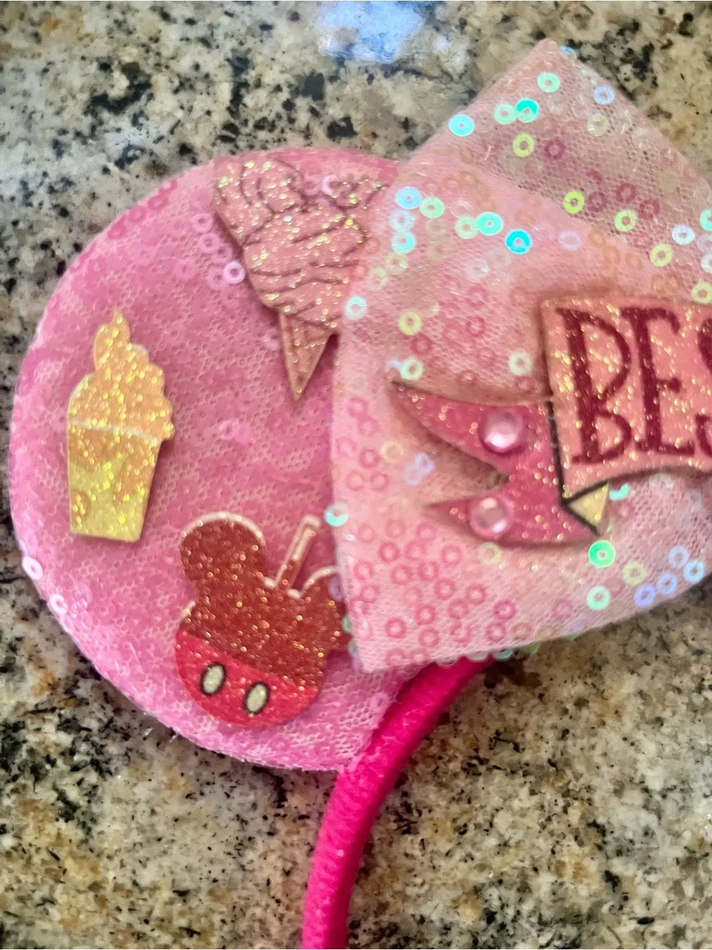 Pink Sequin Kids “Mickey Mouse” Ear Headband with 'Best Day Ever' Banner